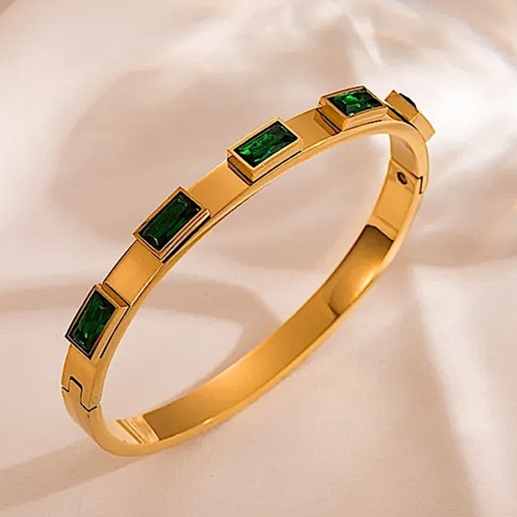 Gold Plated Emerald Zircon Bangle Bracelet - Picture 1 of 4